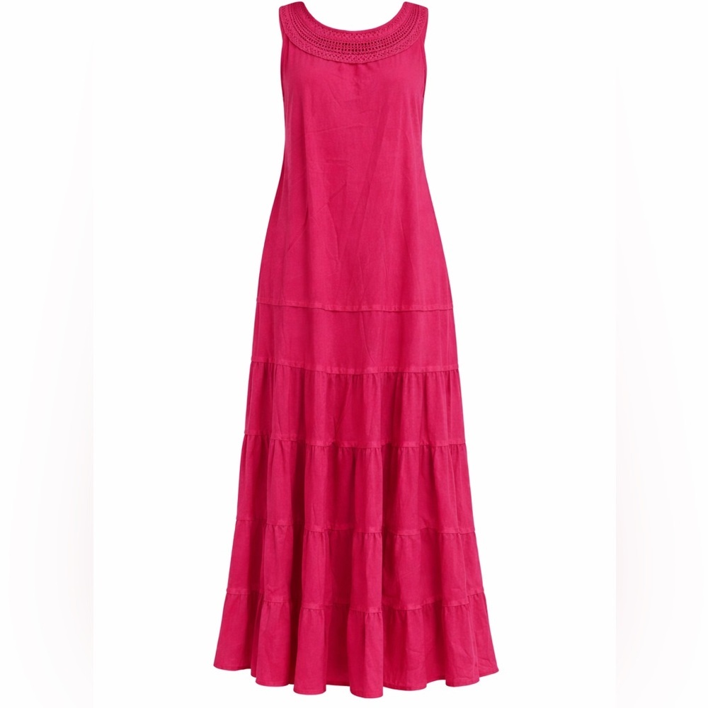 Jones Wear Pink 100% Cotton Tiered Maxi Dress Crochet Neck Size 10